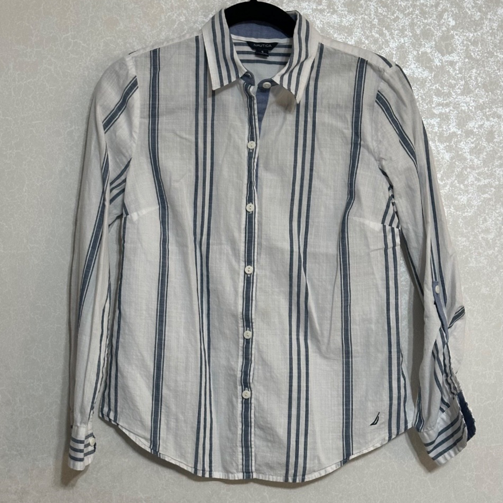 Nautica Blue & White Striped Button Down Shirt Long Sleeve Cotton Top Logo S
